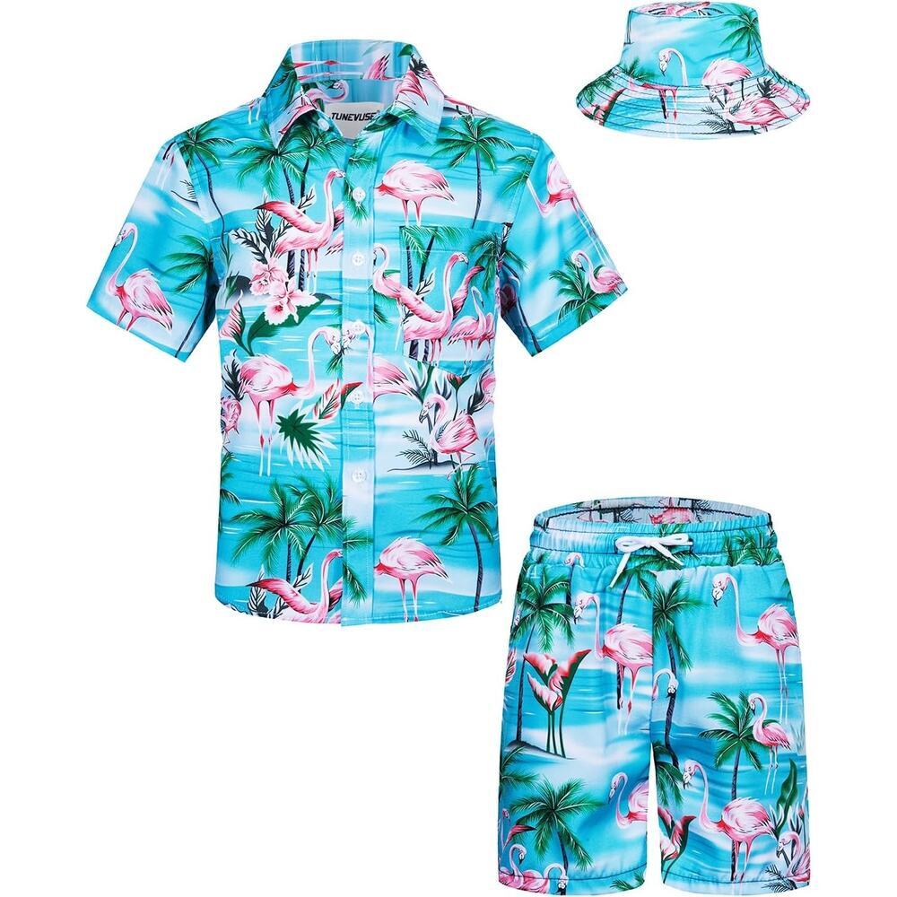 TUNEVUSE Boys Flamingo 3pc Cabana Set Shirt Shorts Hat Beach Vacation NEW~NWT!!